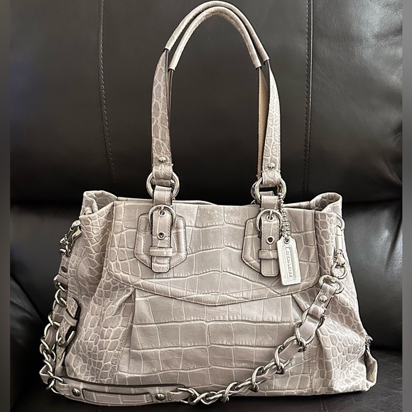 Coach Handbags - Coach Madison Croc 2010” Embossed Leather Satchel With Crossbody Strap In Grey